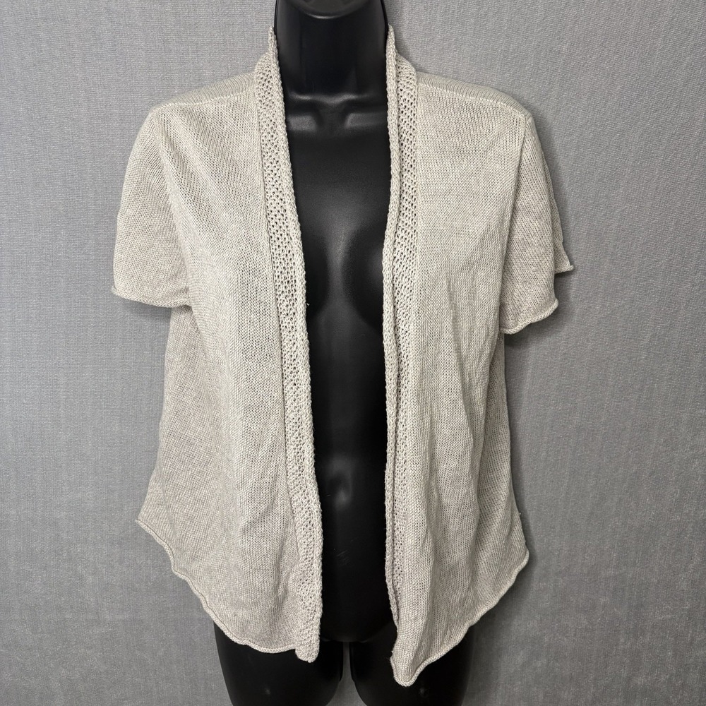 Eileen Fisher Womens Gray 100% Linen Open Front Short Sleeve Cardigan Sweater M